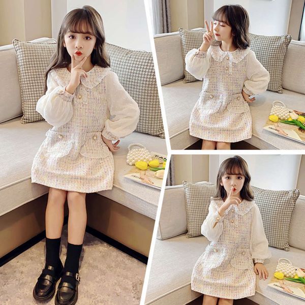 

2021 chine girls' new spring drs universi foreign sle plaid autumn children's long sve skirt, Red;yellow