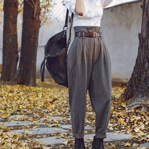 

aigyptos autumn winter wool women vintage england style stripe slim skinny pants casual ankle length woolen trousers y200418, Black;white