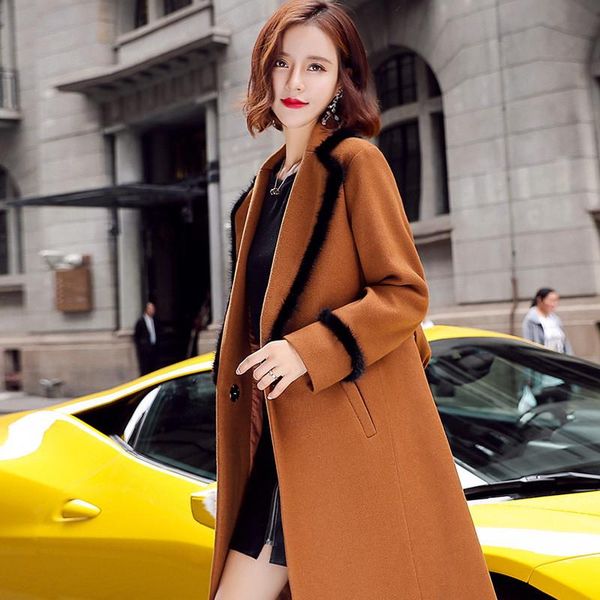 

korean style women cashmere coat winter 2021 office lady fur patchwork belt slim long coat, Black