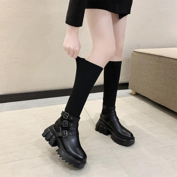 

boots super high heel platform for women 2021 autumn winter mid-calf knee boot stretch fabric sock shoes thick wedges shoe woman1, Black
