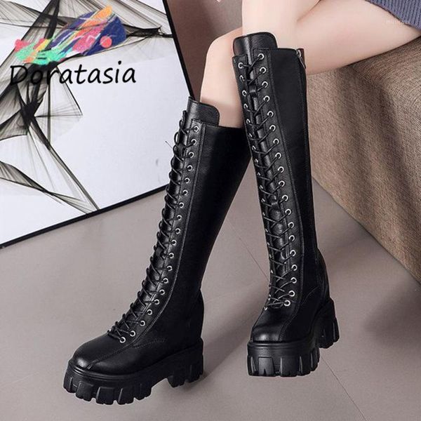 

doratasia women wegdes lace up casual mid calf shoes 2020 desisgner brand boots women platform thick bottom cool boots1, Black