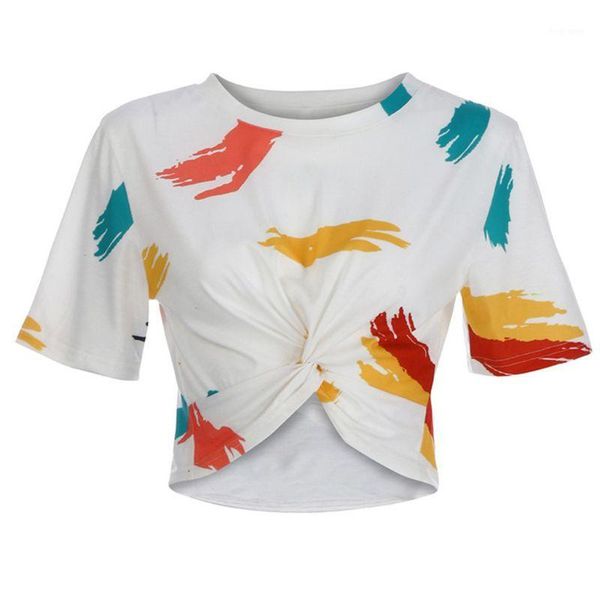 

women girls short sleeves o-neck crop twist knotted colored pigment graffiti print t-shirt navel asymmetric streetwear1, White