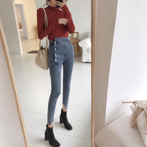 

women's jeans tall waist stretch feet pencil pants korean retro, Blue