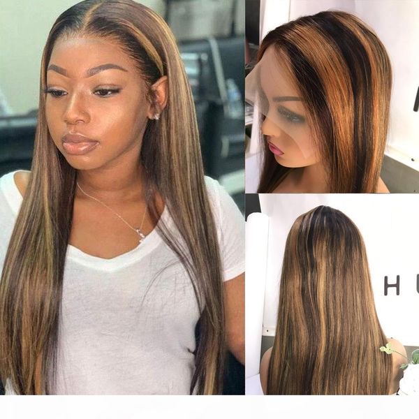 

ombre ginger color sliky straight hair wigs with baby hair ombre highling brown human hair lace front wigs for fashion women 22 inch, Black;brown
