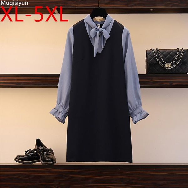 

xl-5xl plus size 2021 autumn women's flare long sleeves bow patchwork loose dress female oversize dresses s050, Black;gray