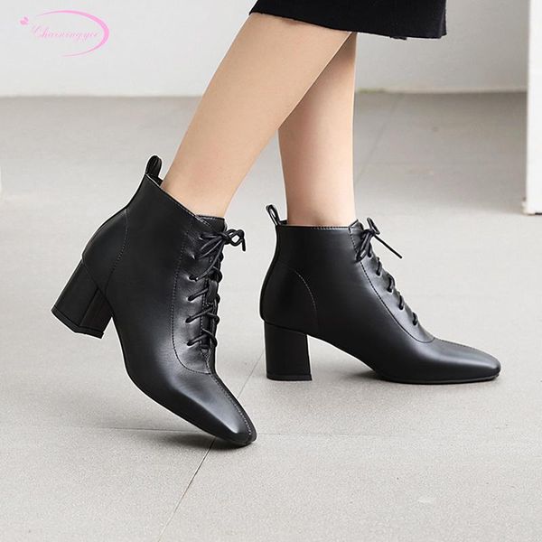 

boots casual style square toe ankle fashion lace-up black beige brown high heel thick with riding women's shoes big size