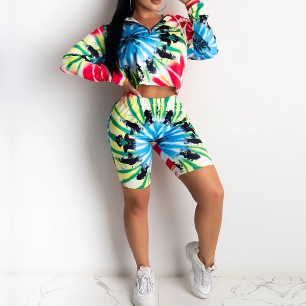 

tie dyeing print women two-pieecs suit long sleeve hooded sweatshirt crop high waist shorts pants sports trousers y200822, Gray