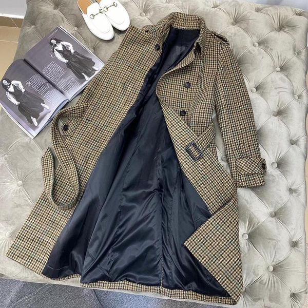 

designer houndstooth long jacket for women long sleeve single breasted belf vintage wind coat for lady 2020 winter, Black;brown