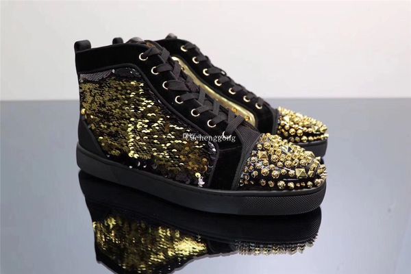 

comfort high men's spikes & studs*beads casual walking perfect red bottom sneakers t-quality men outdoor trainers party wedding .4, Black