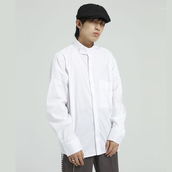 

men solid color white black stand collar casual long sleeve shirts male japan korea style streetwear shirts1