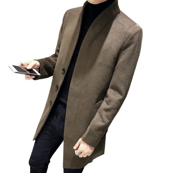 

nice autumn winter men wool trench coat men medium-long trench slim fit overcoat male coats fashion casual jacket outerwear, Black