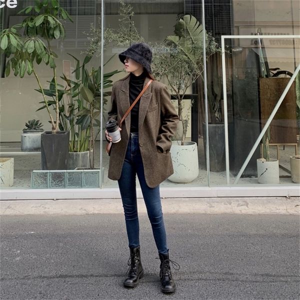 

fashion autumn women stripe woolen blazers and jackets work office lady suit slim double breasted business female blazer coat y201026, White;black