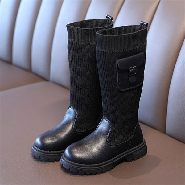 

child fashion boots black 2020 fall girls knee-high kint splicing boots kids spring autumn flat slip-on shoes size 27-37 q1214, Black;grey