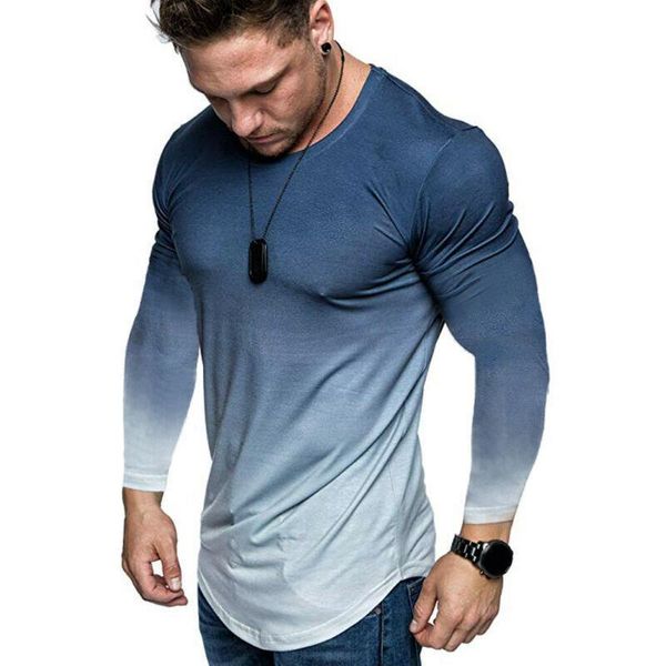 

hirigin men's gym t shirt gradient slim muscle fit long sleeve cotton curved hem t-shirts men casual gradient pullover, White;black