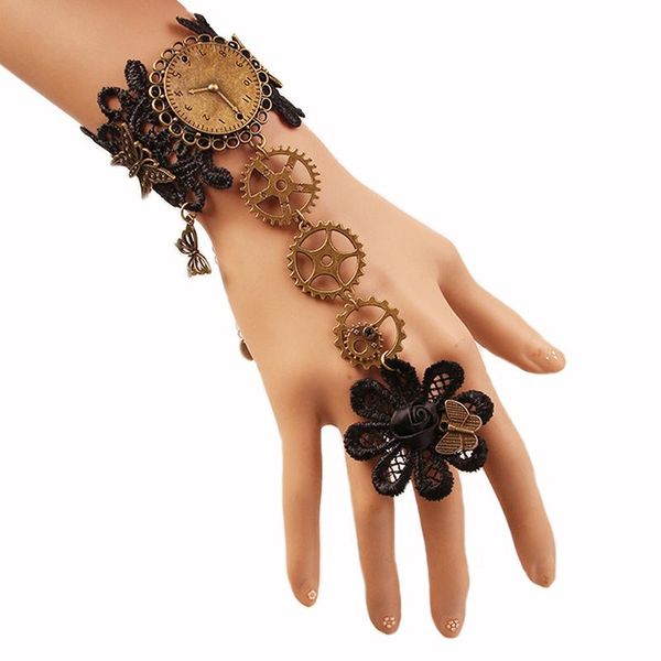

black lace bracelet finger hand chain harness women bracelet metal butterfly charm punk lady vintage jewelry, Golden;silver