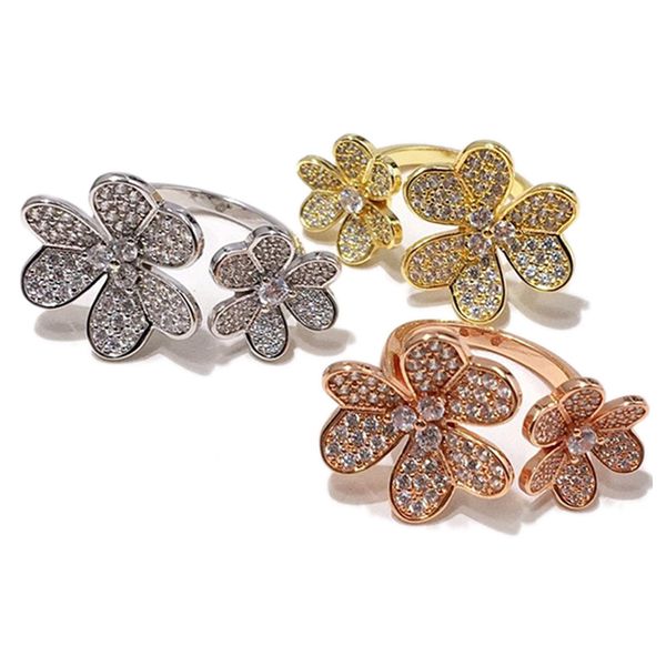 

copper plated glossy clover open double flower ring women rose gold stainless steel rings for party gift jewelry for women, Silver