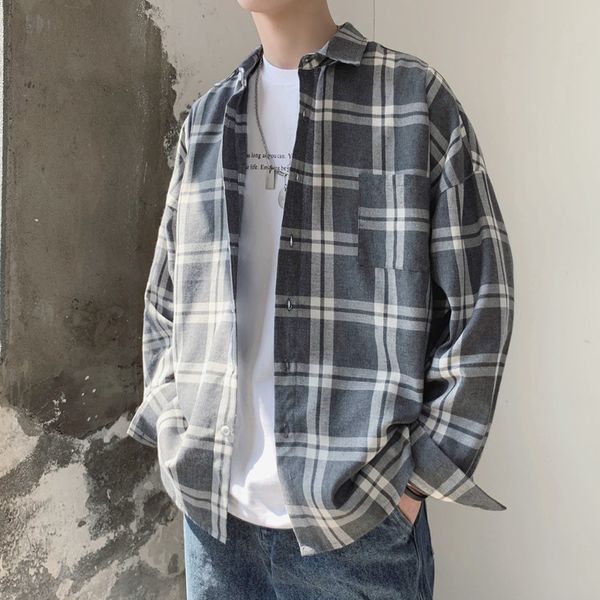 

2019 fashion korean style casual oversize cotton long sleeve plaid shirt c1211, White;black