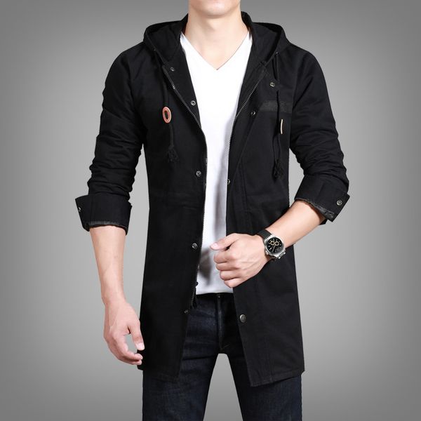 

spring and autumn new mid long hooded solid men's windbreaker korean fashion coat, Tan;black