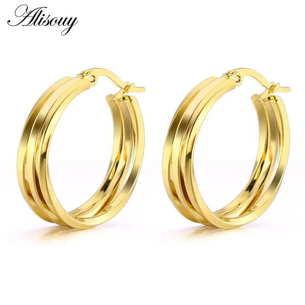 

hoop & huggie alisouy vintage stainless steel loop earrings for women gold color rock punk round circle earring party gift wholesale, Golden;silver