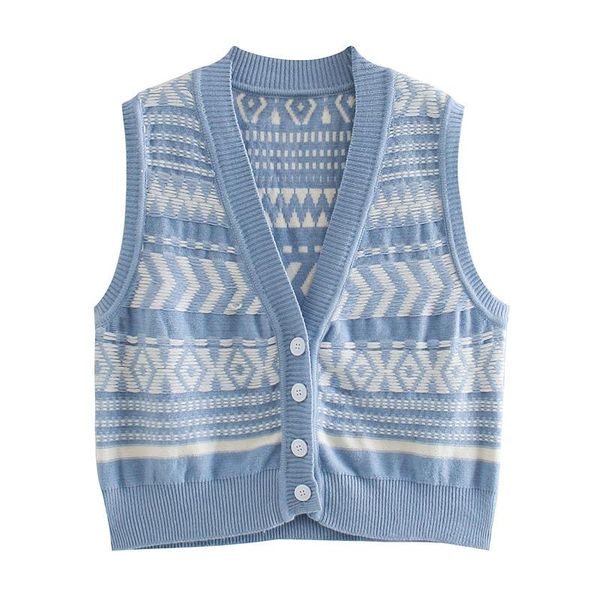 

2021 spring autumn european american women's new v-neck printed knitted vest prairie chic single breasted geometric, Black;white