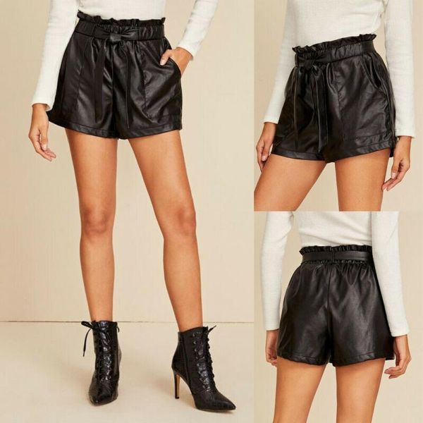 

pu leather wide-legged shorts belt autumn winter women fashion high waist pu ruffled shorts girls faux leather bottoms1, White;black