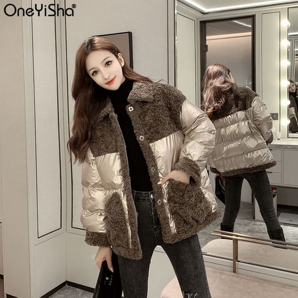 

2020 winter glossy women jacket fuax lamb patchwork female parkas turn-down collar loose lady cotton coat thick warm outerwear, Black