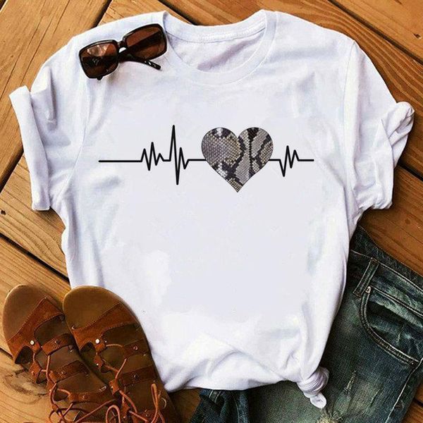 

new fashion leopard love heartbeat print t shirt women summer short sleeve vogue t-shirt white tee shirt harajuku women tee