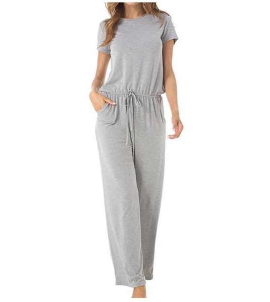 

women's new short sleeve one piece pants fashion elastic waist loose wide leg jumpsuit for women, Black;gray