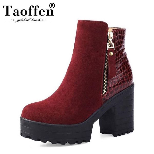 

boots taoffen size 34-43 women high heel zipper platform botas thick heeled half short warm shoes woman footwear, Black