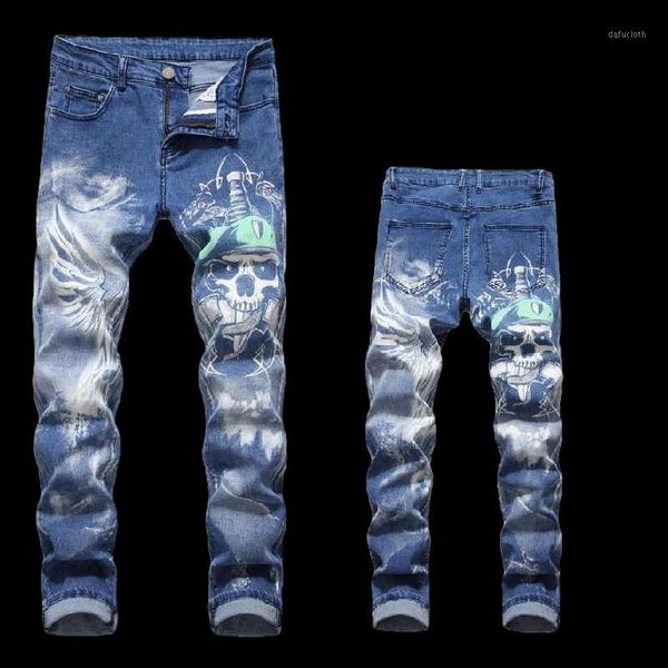 

new fashion men's skull 3d color printing jeans men slim straight stretch jeans designer pants nightclubs1, Blue