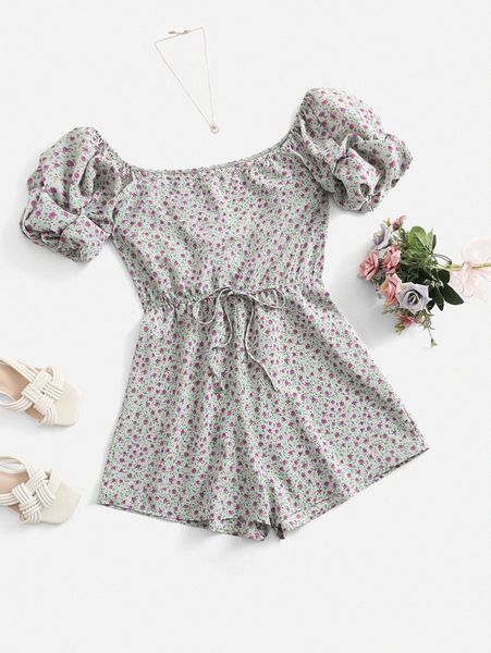

ditsy floral print drawstring waist off shoulder romper j5ys#, White