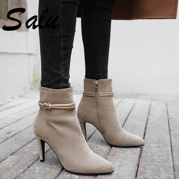 

boots salu women cow suede leather zipper autumn winter pointed heels ankle party shoes woman black big size 41 42 43