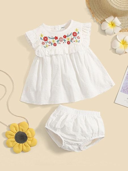 

baby girl ruffle trim floral embroidery & shorts set she, White