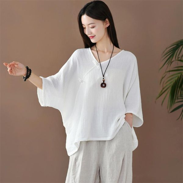 

women's blouses & shirts casual women linen cotton ladiess solid half batwing sleeve loose chinese style button v-neck size, White