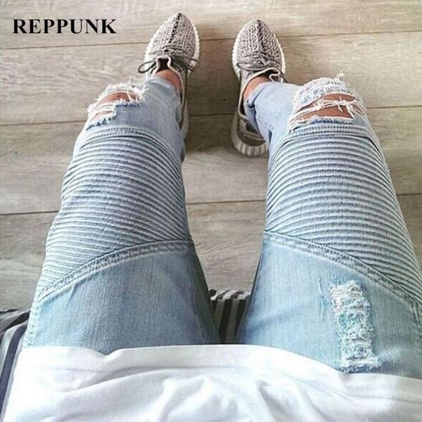 

men ripped slim fit pleated stitching casual biker jeans pants fashion hip hop man holes cotton motorcycle denim trousers1, Blue