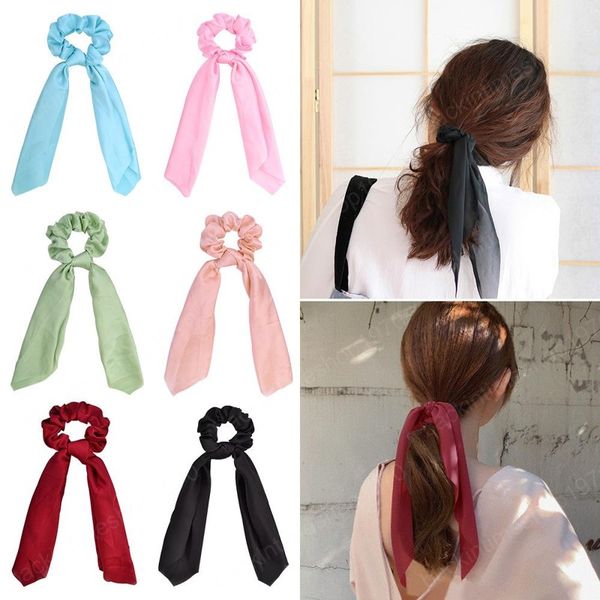 

girls women solid scrunchie elastic hair band hair ties ponytail holder long headdress hair accessories, Slivery;white