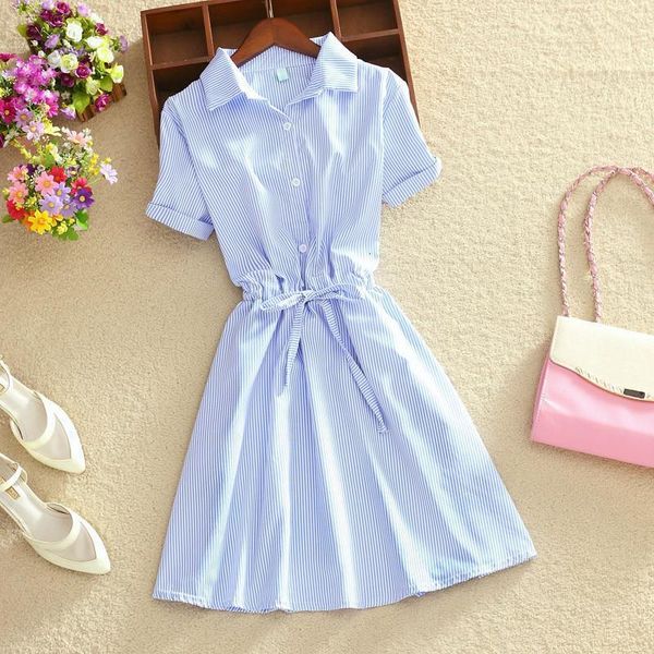 

summer dress 2021 short sleeve pink elegant female blue stripped tunic office dresses turn down collar shirts plus size, Black;gray