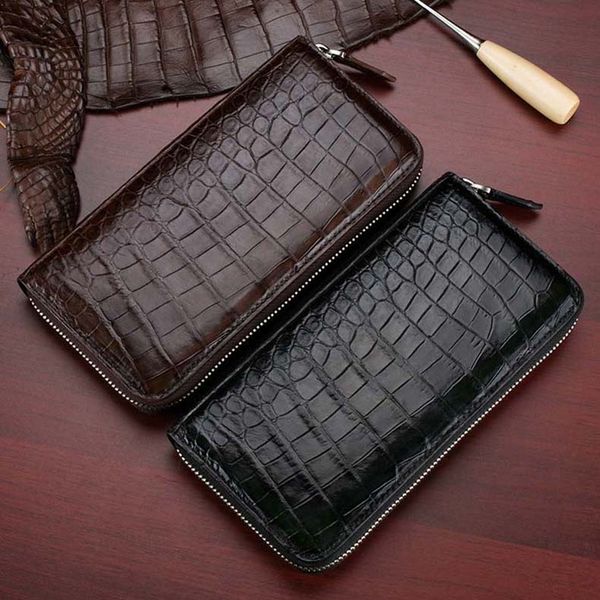 Designer-Siam-Krokodil-Alligator-Bauchhaut aus echtem Leder, langes Herren-Kartenetui, luxuriöse Clutch-Geldbörsen mit Reißverschluss und eigener Marke