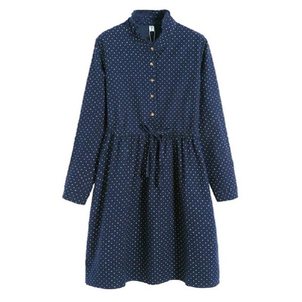 

vintage cute polka dot printed dress women girls autumn spring fashion long sleeve gray navy blue buttons elastic waist dresses kg-191, Black;gray