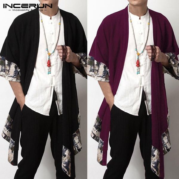 

incerun chinese men's cardigan trench coats wide-waisted three quarter open stitch coat jackets irregular hem men clohtes hombre1, Tan;black