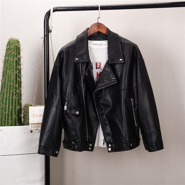 

autumn 2021 of the female leather basic loose plutonium jacket outerwear 10e0, Black