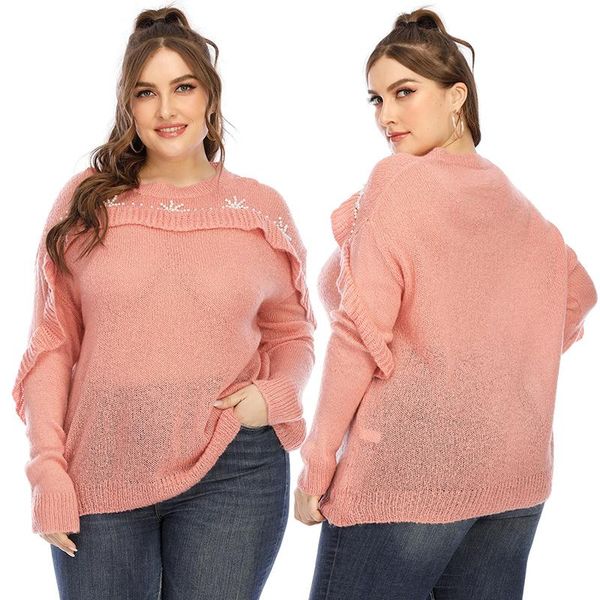 

2021 autumn/winter new fashion flounce ornament pearl ornament round neck pullover women's plus-size women's simple style, White;black