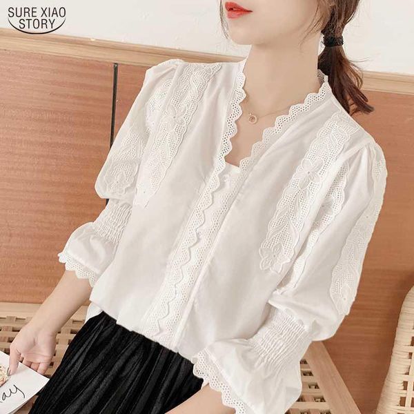 

2020 office cotton button cardigan shirt for women white ladies autumn flare sleeve solid v neck blouse women blusas 103211