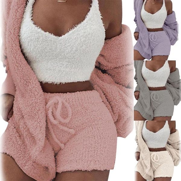 

three piece fluffy sets women plush warm hood cardigan coat shorts tracksuit outfit casual sports overalls sweatshirt, Gray