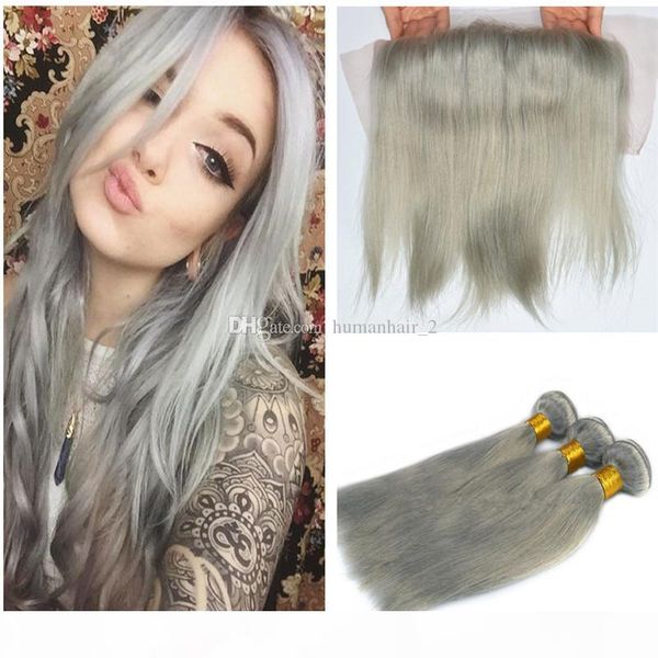 

grey human hair with lace frontal closure sliver grey straight hair extensions with lace frontal 8a grade peruvian virgin hair with closure, Black;brown