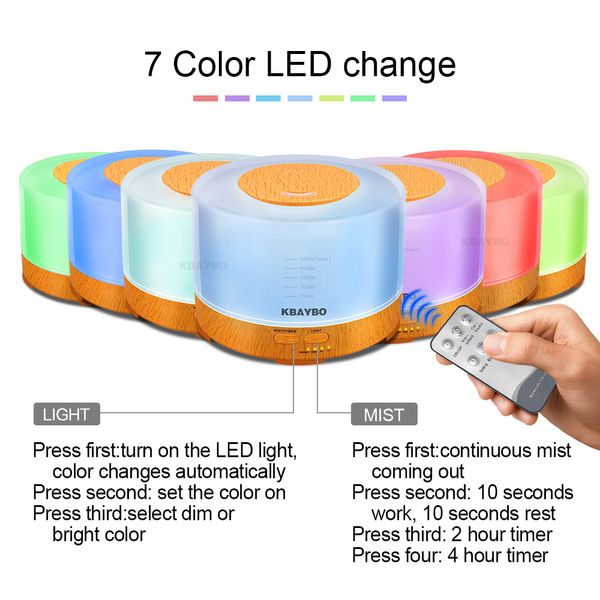 500ml controle remoto aroma difusor de óleo essencial umidificador de ar ultra-sônico com 4 configurações temporizador 7 cor mudando lâmpada LED Y200416