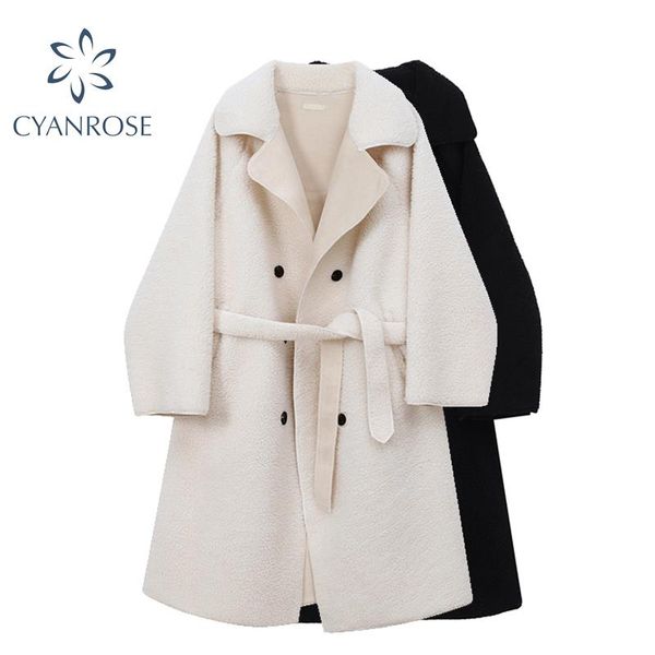 

women's wool & blends long woolen coat women high waist bandage double breasted v-neck vintage korean jacket outwear female thicken war, Black