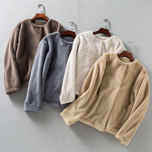 

winter women fashion loose single breasted soft faux fur thermal casual outerwear jacket, Black