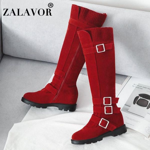 

zalavor 4 color women flats buckles round toe knee high boots winter fashion office shoes woman warm footwear size 34-431, Black