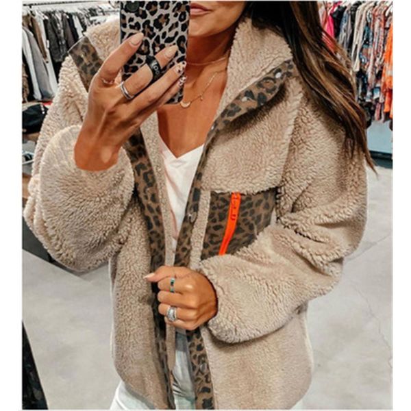

womens leopard splicing jackets fashion trend long sleeve all-match fleece zipper outerwear designer female winter casual thicken warm coats, Black;brown